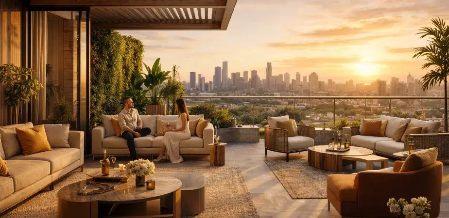 Remodelación de interiores de lujo 2026 en penthouse con ventanales integrados, mobiliario contemporáneo y terraza panorámica al atardecer.