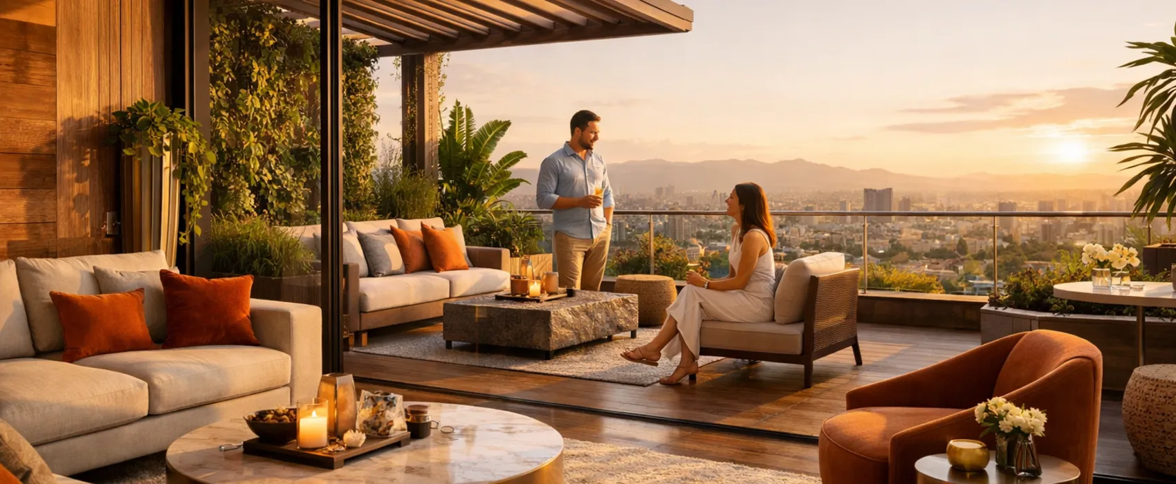 Sala de estar de lujo conectada a terraza ajardinada con ventanales de piso a techo, mobiliario contemporáneo y acabados en madera y mármol al atardecer