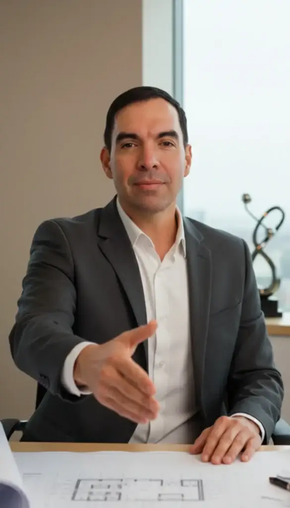 Socio estratégico de Construactiva dando la mano sobre planos de arquitectura, representando la alianza profesional y transparencia en pagos de comisiones.