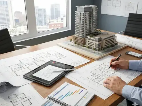 Primer plano de planos arquitectónicos, tableta digital y maqueta de edificio moderno en una oficina técnica de alta gama.