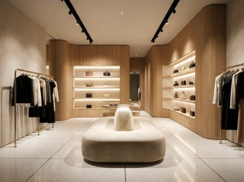 Diseño interior de boutique de lujo con acabados en madera de roble, detalles en latón y piso de terrazo, realizado por Construactiva.