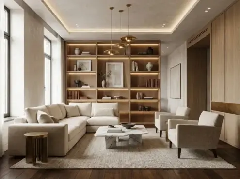 Sala de estar de lujo con diseño integral, estantería de madera empotrada, mobiliario moderno en tonos neutros y acabados de alta gama por Construactiva.