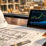 Estratega analizando gestión de proyectos de construcción con planos y tablet en obra moderna.