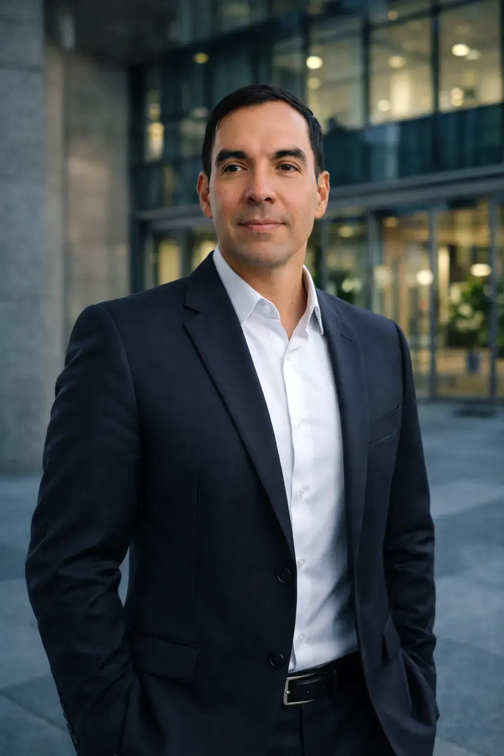 CEO de Construactiva frente a edificio corporativo, liderazgo en innovación constructiva