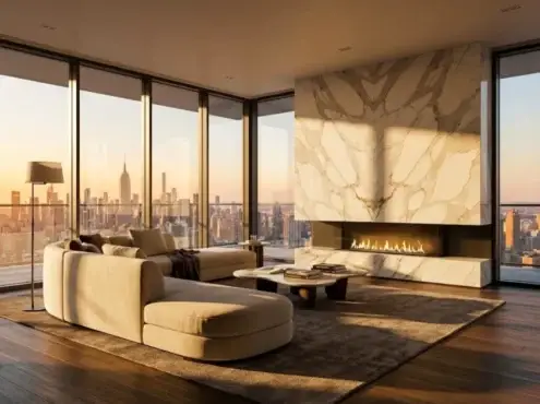 Render fotorrealista de sala de estar de lujo con ventanales de piso a techo, pared de mármol y acabados premium diseñado por Construactiva.