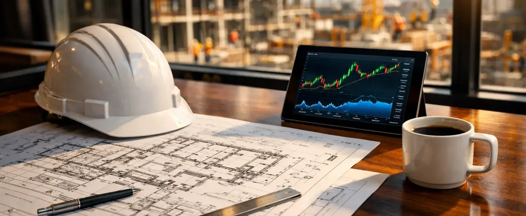 Estratega analizando gestión de proyectos de construcción con planos y tablet en obra moderna.