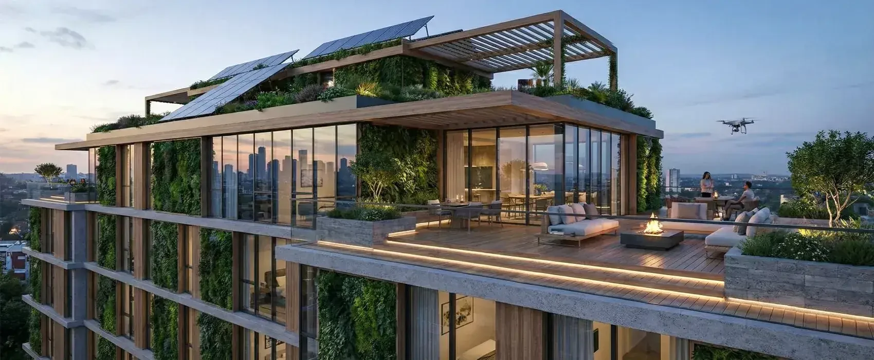 tendencias arquitectura 2026 en edificios sostenibles con paneles solares y jardines verticales